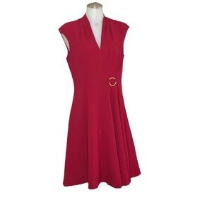 London Times Red A-Line Midi Dress V-Neck Sleeveless